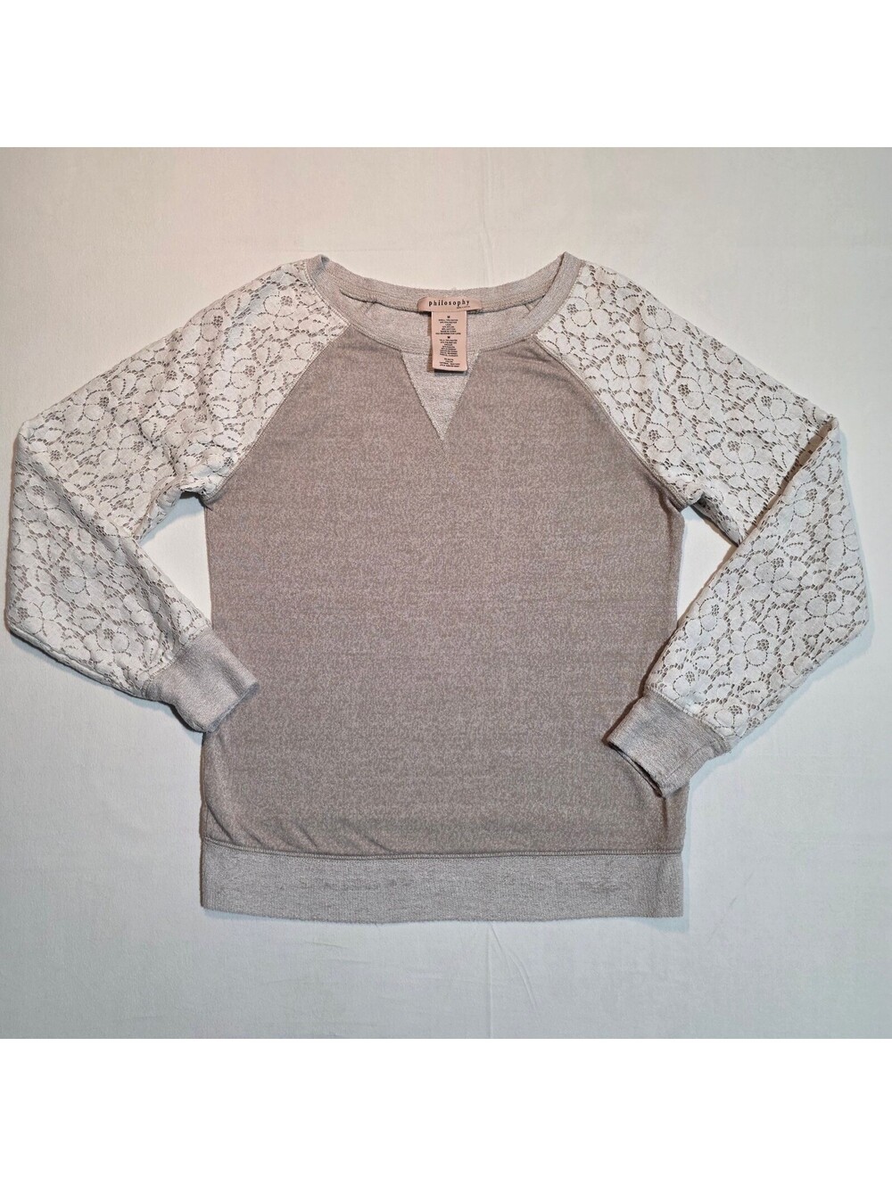 Philosophy Oatmeal Heather Sweatshirt with Lace Sleeves, Size M